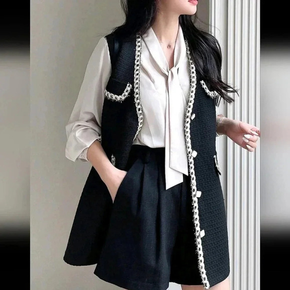 Women's Business Casual Knitted Sleeveless Jacket With Strap Patchwork - Picture 2 of 7